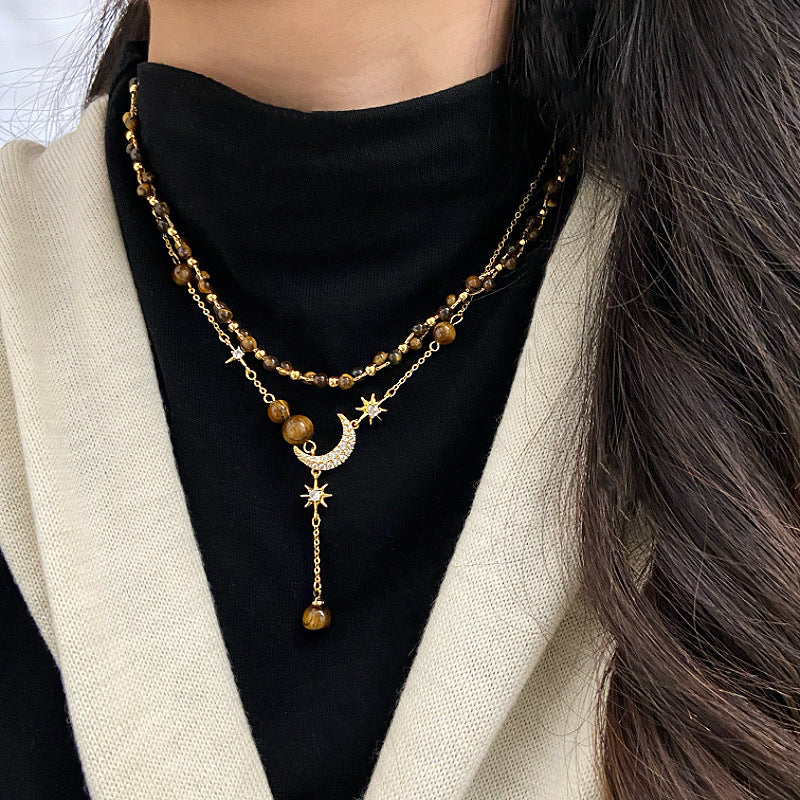 Maillard Vintage Tiger Eye Star Moon Bead Tassel Copper Alloy Necklace