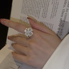 Super sparkly full diamond rotating four-leaf clover copper alloy open ring