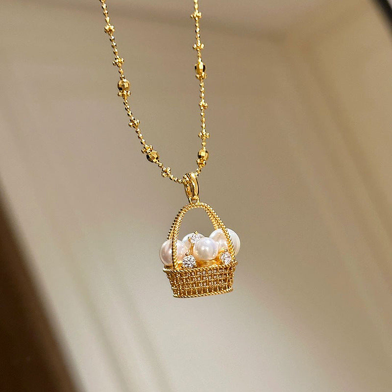 Pearl Flower Basket Micro-set Diamond Copper Alloy Necklace