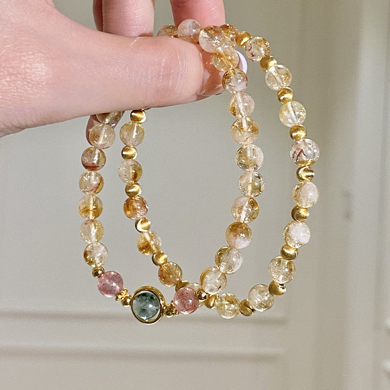 925 Sterling Silver Niche Strawberry Quartz Natural Yellow Tower Crystal Green Phantom Quartz Bracelet