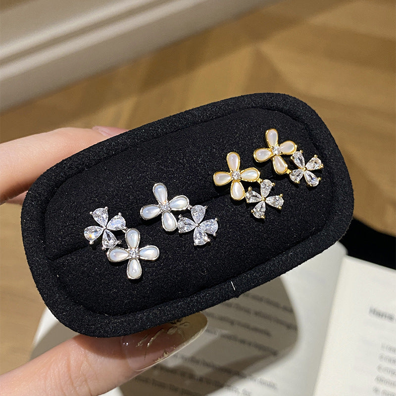 925 Sterling Silver Zircon Flower Shell Stud Earrings