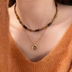 Vintage Natural Tiger Eye Beaded Copper Alloy Necklace