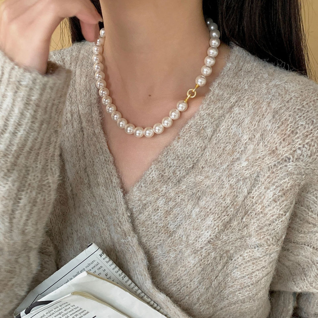 925 Sterling Silver Horseshoe Buckle Circle Imitation Pearl Necklace