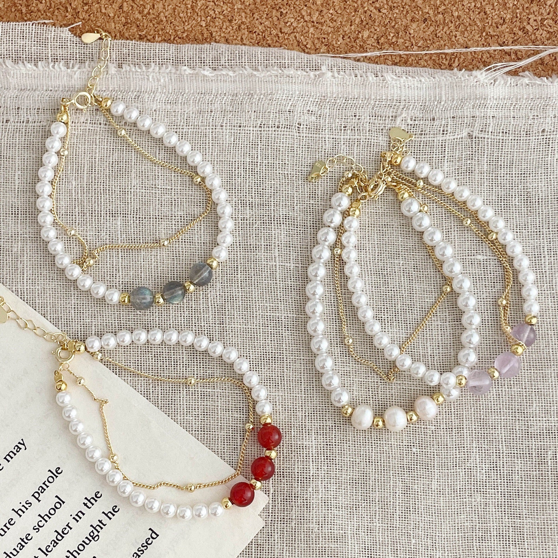 925 Sterling Silver Double-Layer Round Imitation Pearl Labradorite Bracelet