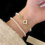 Natural mother-of-pearl four-leaf clover full diamond bead copper alloy bracelet