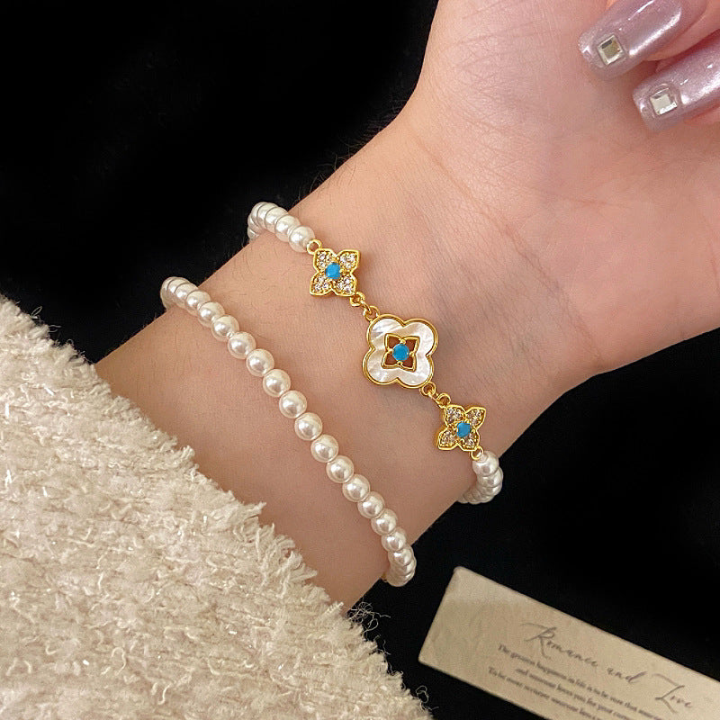 Natural mother-of-pearl four-leaf clover full diamond bead copper alloy bracelet
