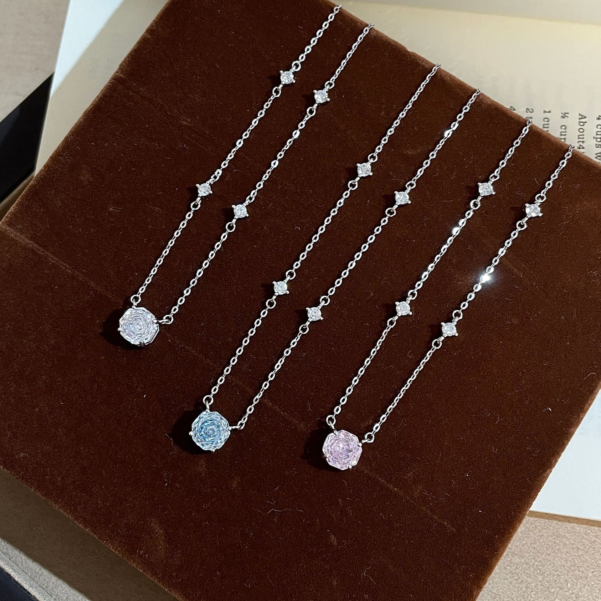 S925 Sterling Silver Super Sparkling Rose Cut Tricolor Necklace