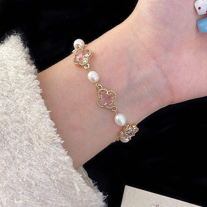 Pink crystal bead gourd pendant, four-leaf clover crystal elastic copper alloy bracelet