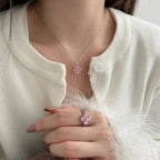 925银甜美桃花爱心粉钻套装