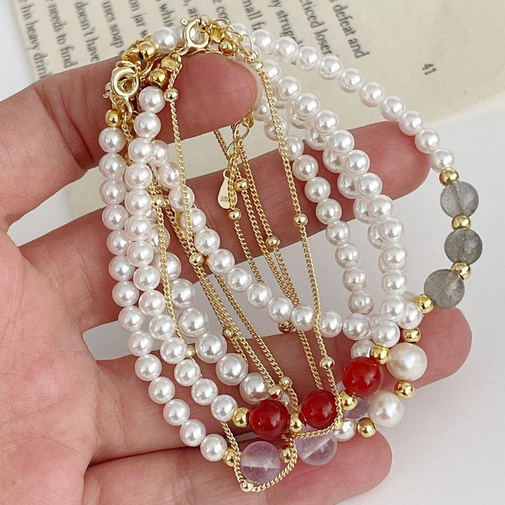 925 Sterling Silver Double-Layer Round Imitation Pearl Labradorite Bracelet