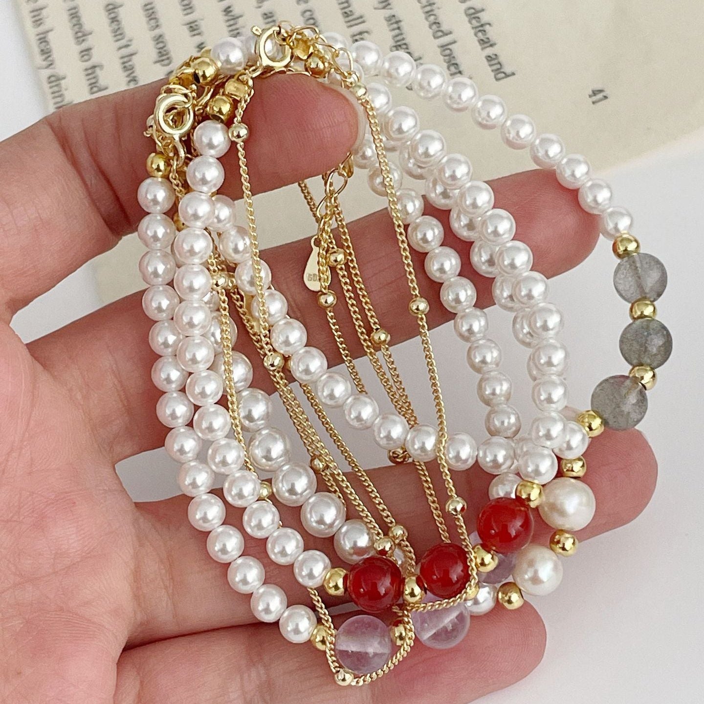 925 Sterling Silver Double-Layer Round Imitation Pearl Labradorite Bracelet