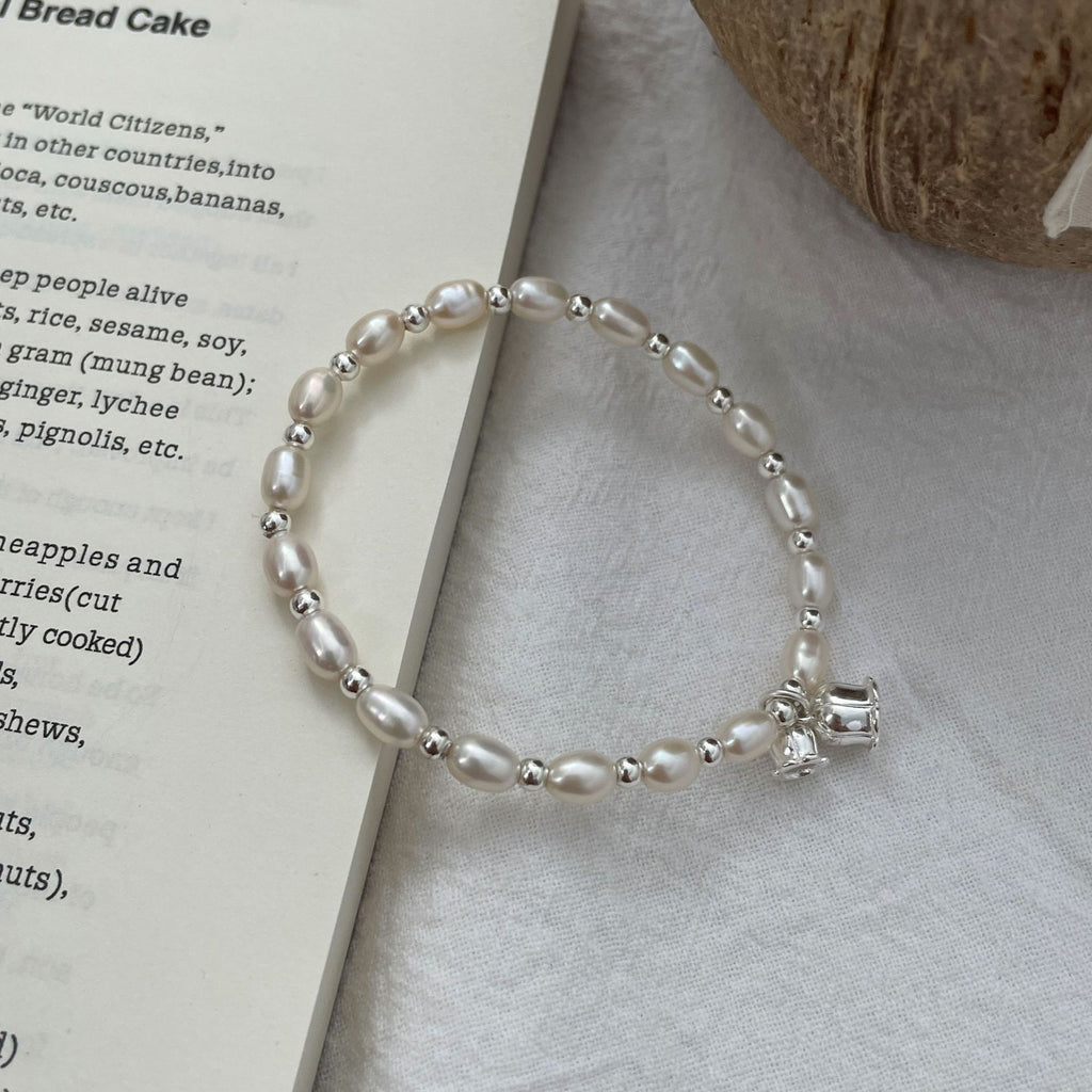 925 Sterling Silver Lily of the Valley Orchid Freshwater Pearl Silver Bead Bracelet