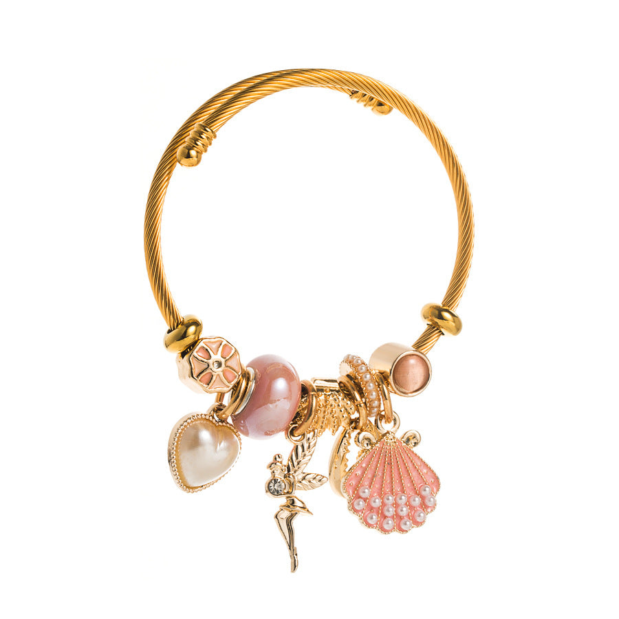 Vintage Gold Stainless Steel Pearl Shell Bracelet