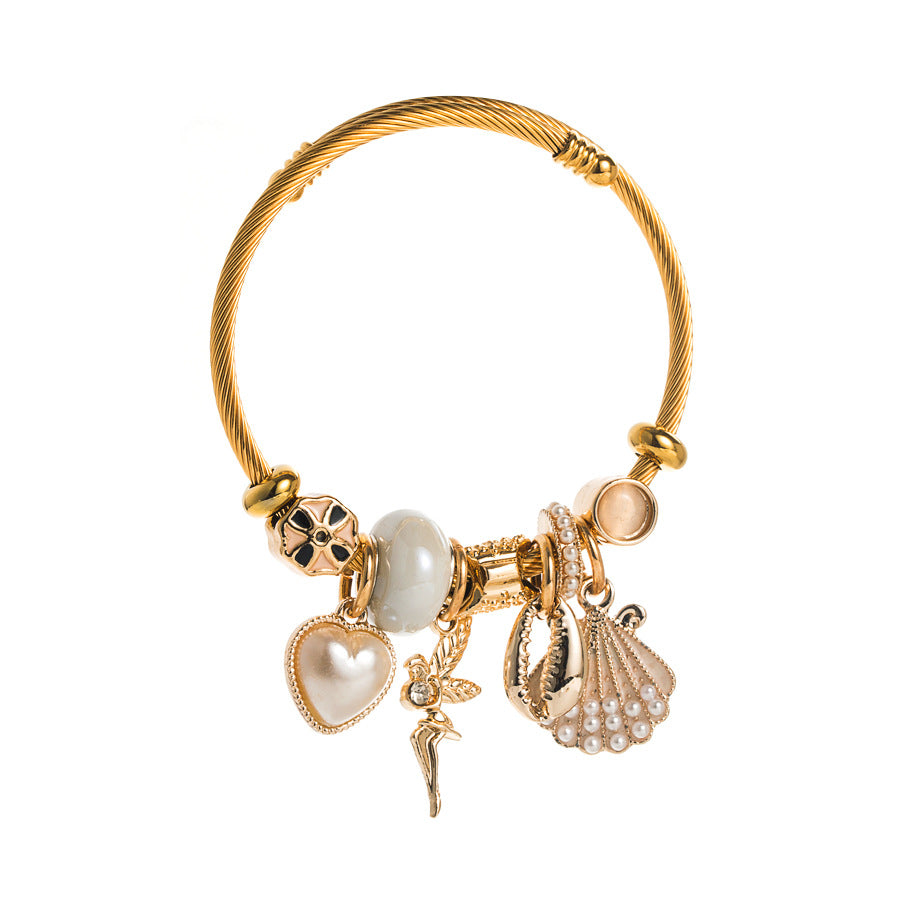 Vintage Gold Stainless Steel Pearl Shell Bracelet