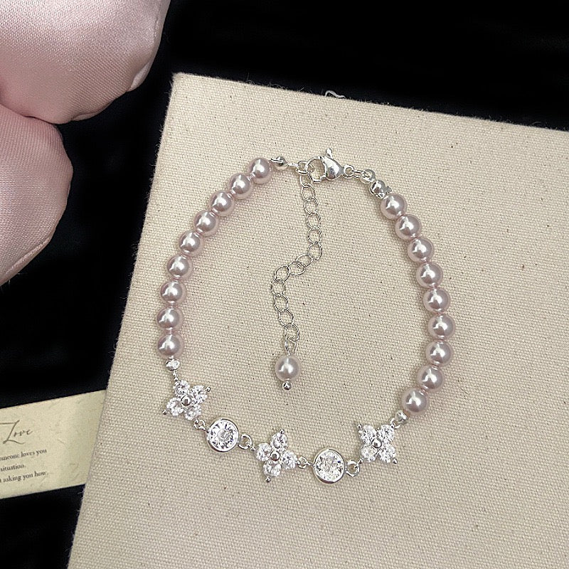Micro-pave zircon four-leaf clover manta rose crystal pearl bracelet