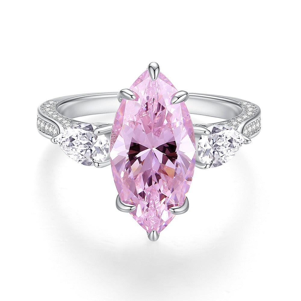 925 Sterling Silver Pink High Carbon Diamond Crush Ice Flower Ring