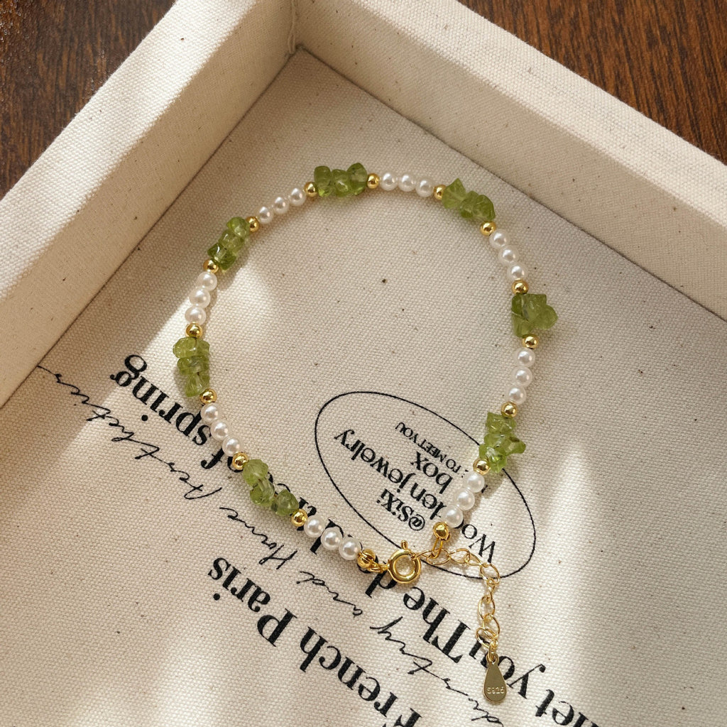 925 Sterling Silver Imitation Pearl Forest Style Irregular Crystal Pebble Set