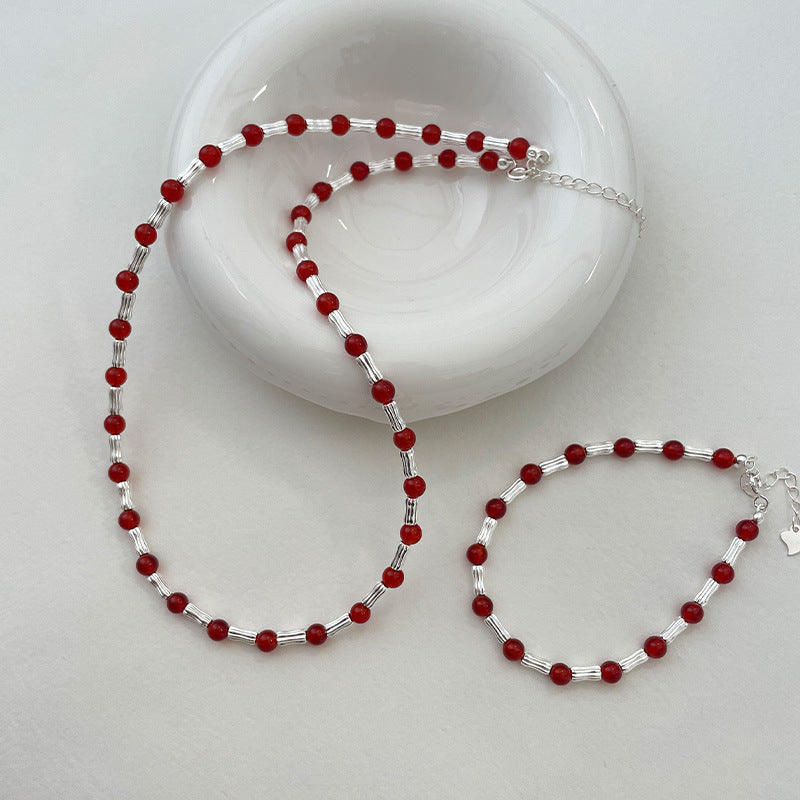 925 Sterling Silver Bamboo-Shaped Red Agate Beaded Necklace and Bracelet