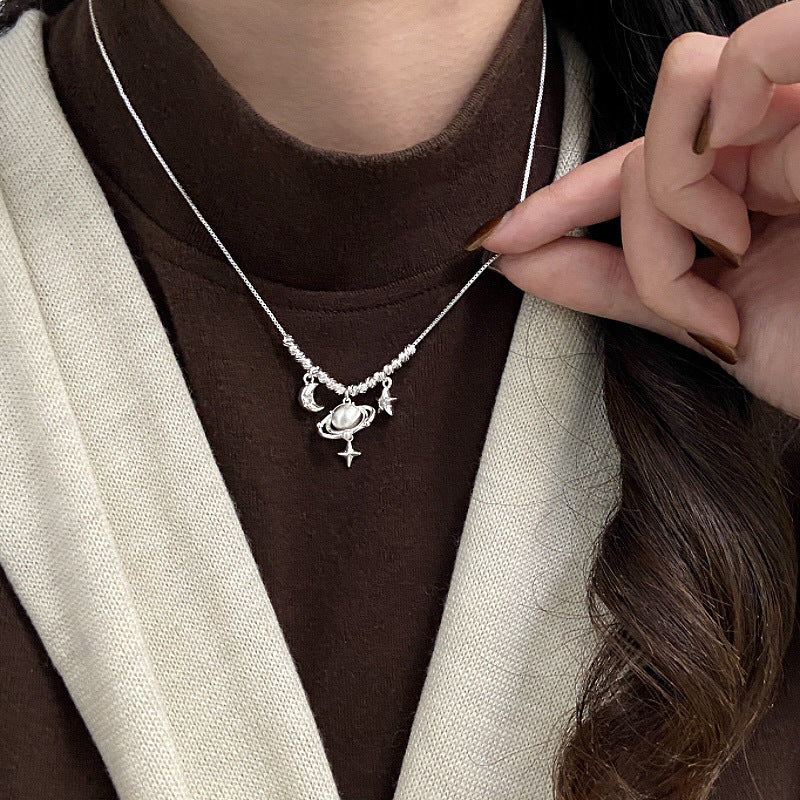 Brushed Planet Pendant Beaded Copper Alloy Necklace