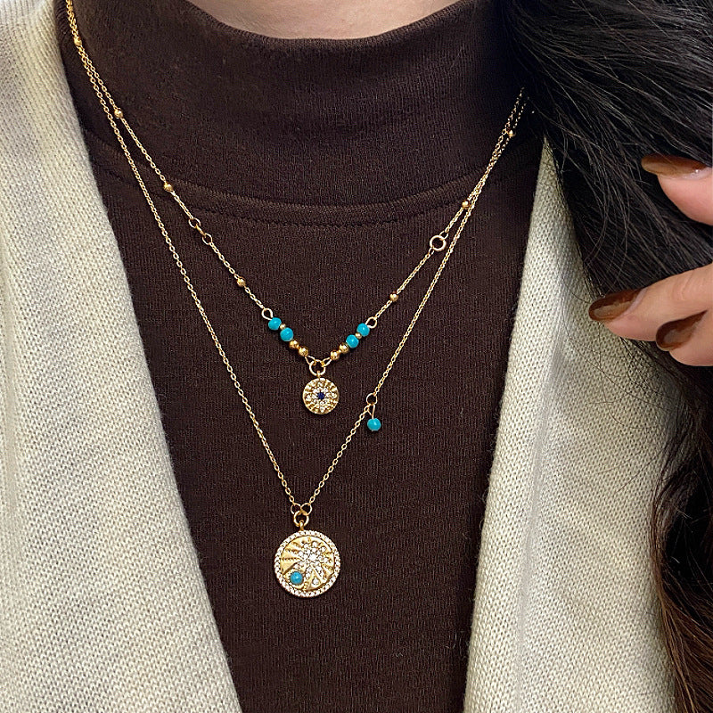 Double-layered round pendant micro-set zircon turquoise beaded copper alloy necklace