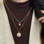 Double-layered round pendant micro-set zircon turquoise beaded copper alloy necklace