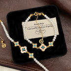 Natural mother-of-pearl four-leaf clover full diamond bead copper alloy bracelet