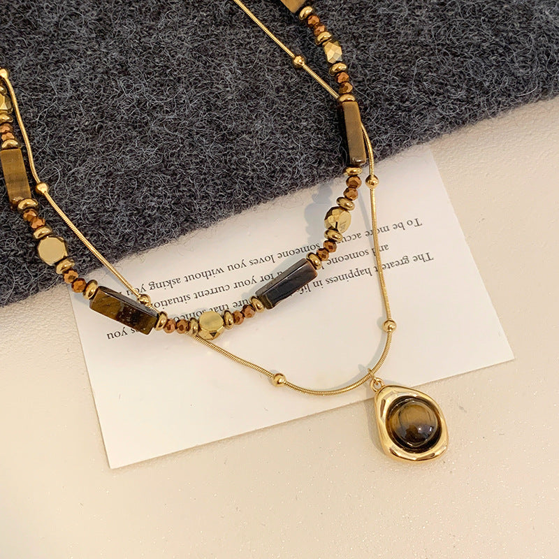 Vintage Natural Tiger Eye Beaded Copper Alloy Necklace