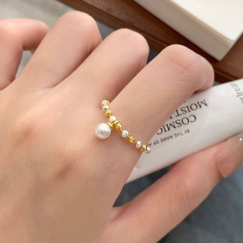 925 Sterling Silver Beaded Chain Imitation Pearl Ring