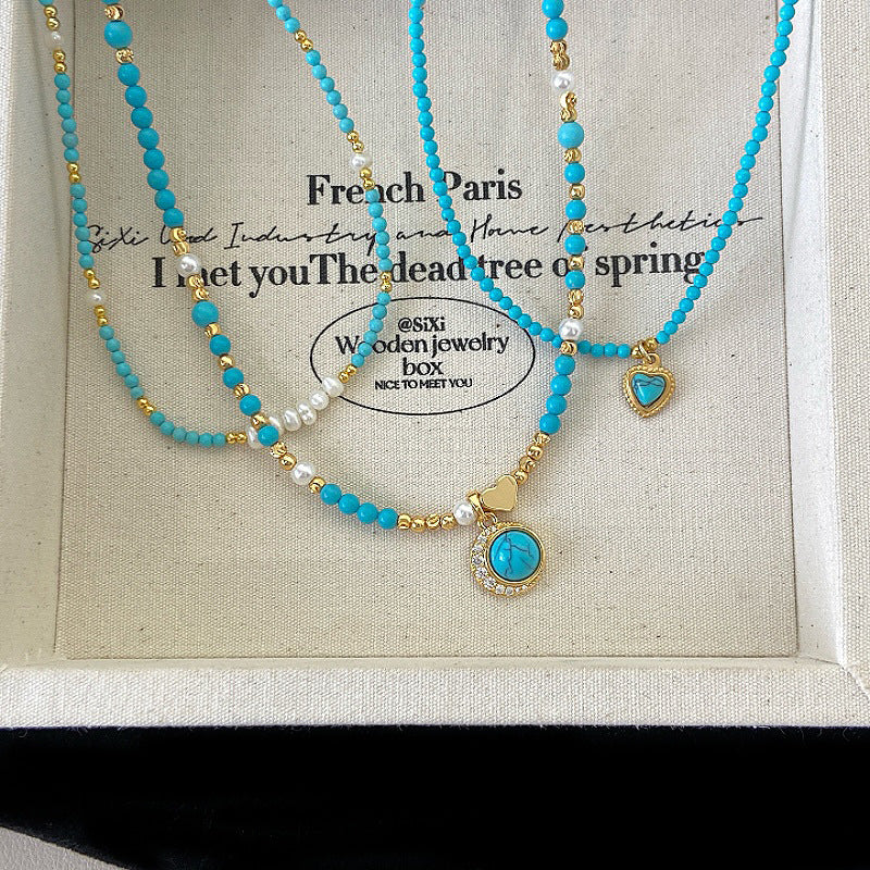 Turquoise freshwater pearl zircon heart-shaped copper alloy pendant