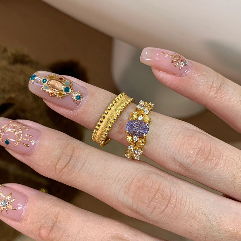 Bauhinia flower purple diamond-set copper alloy ring