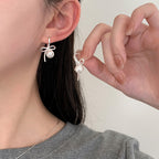 925 Sterling Silver Simple Imitation Pearl Bow Black Agate Earrings