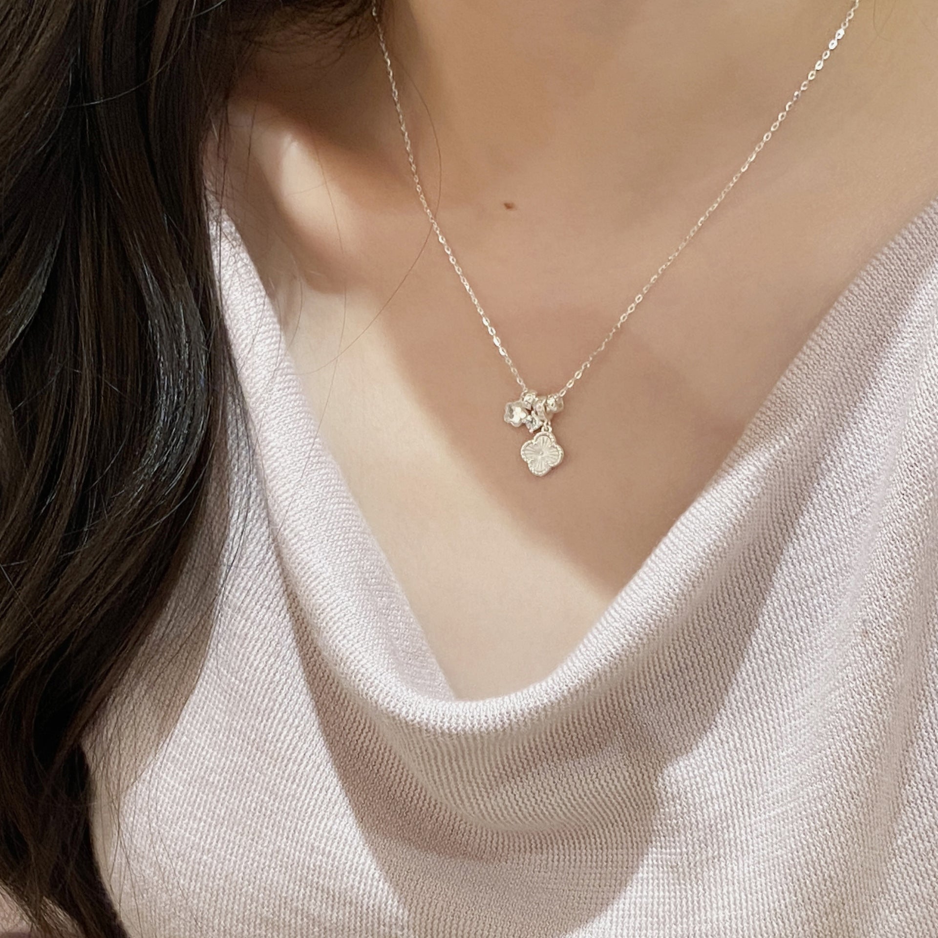 925 Sterling Silver Laser-Engraved Four-Leaf Clover Zirconia Necklace