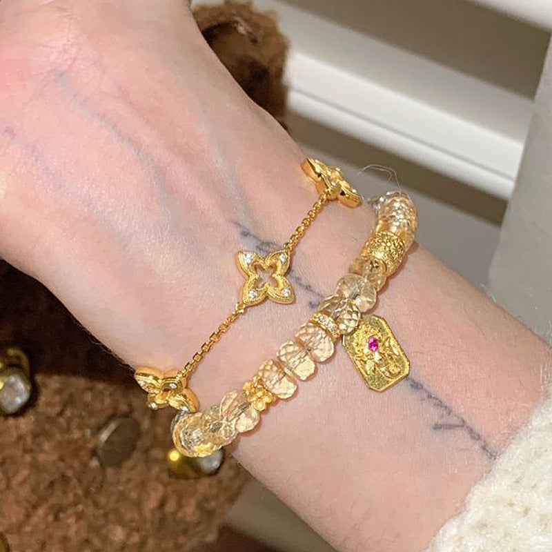 Vintage-style brushed star lucky four-leaf clover copper alloy bracelet