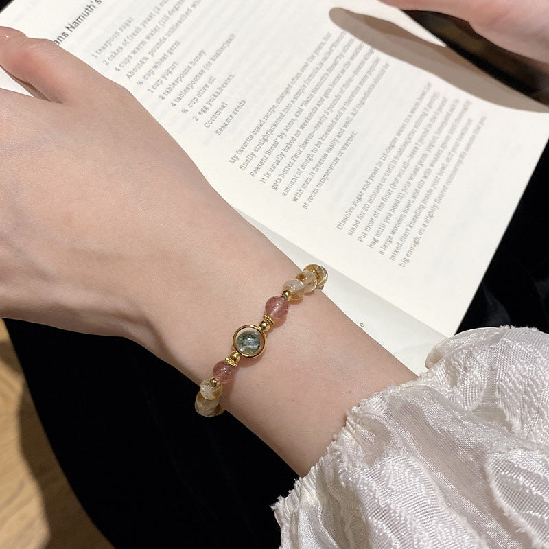 925 Sterling Silver Niche Strawberry Quartz Natural Yellow Tower Crystal Green Phantom Quartz Bracelet