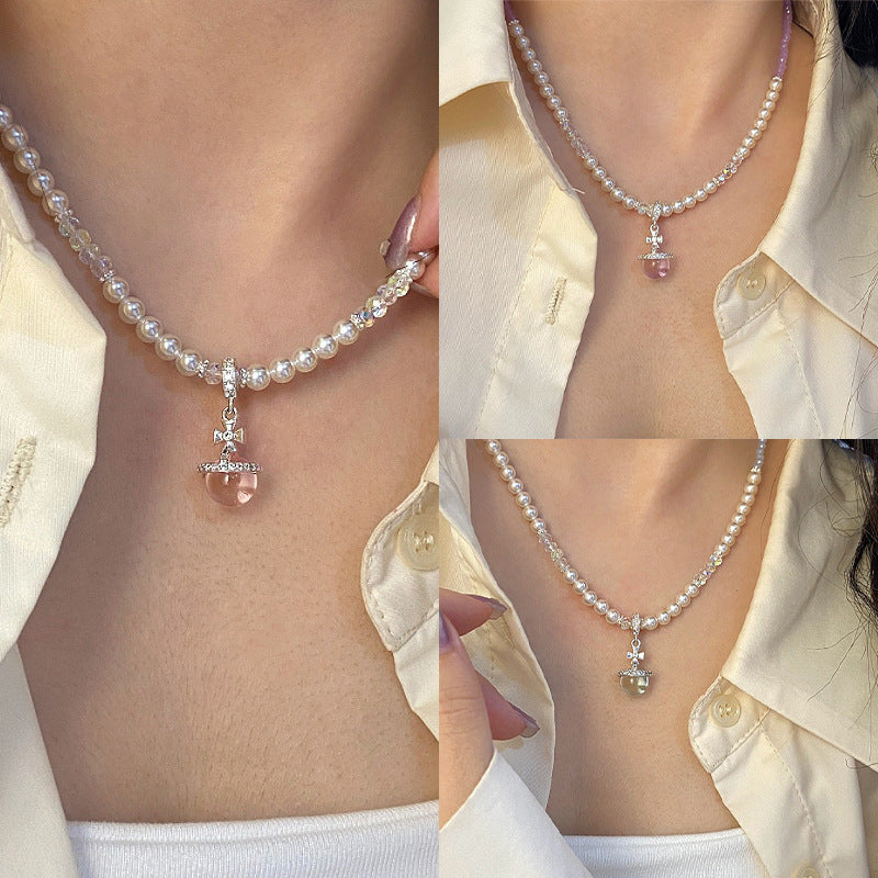 Pearl glass bead pendant, colored dopamine beaded zircon copper alloy necklace