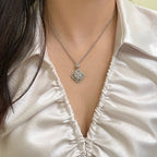 Cat's eye stone four-leaf clover full diamond pearl double-layer pendant copper alloy necklace