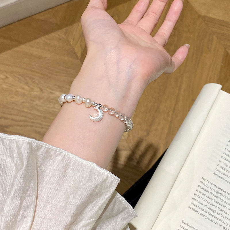 925 Sterling Silver Natural White Crystal Freshwater Pearl Moon Bracelet