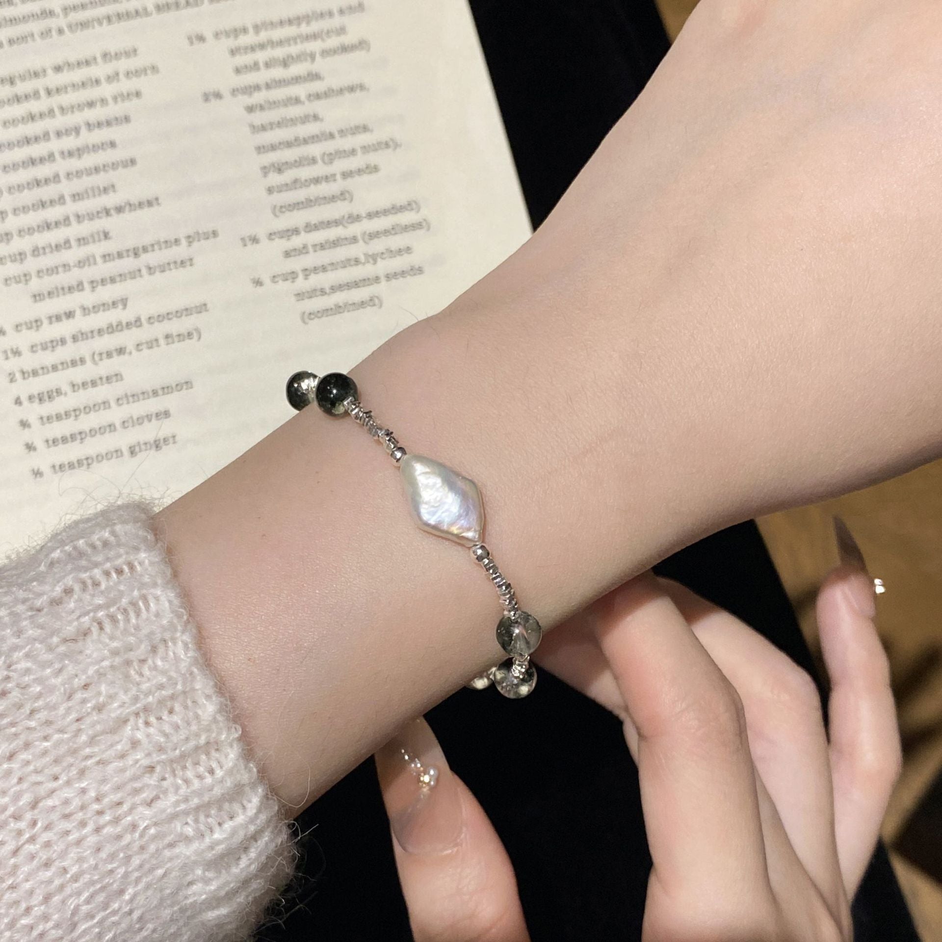 925 Sterling Silver Natural Irregular Pearl Green Phantom Crystal Bracelet