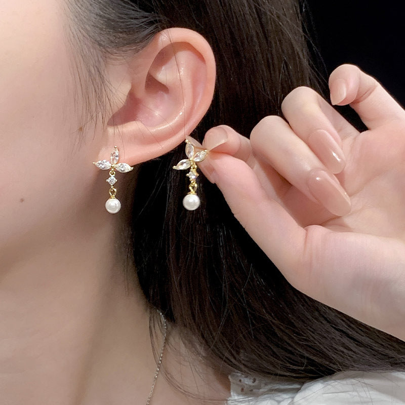 925 Sterling Silver Super Sparkling Marquise Flower Imitation Pearl Stud Earrings