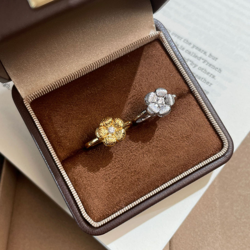 925 Sterling Silver 3D Plum Blossom Brushed Flower Diamond Ring