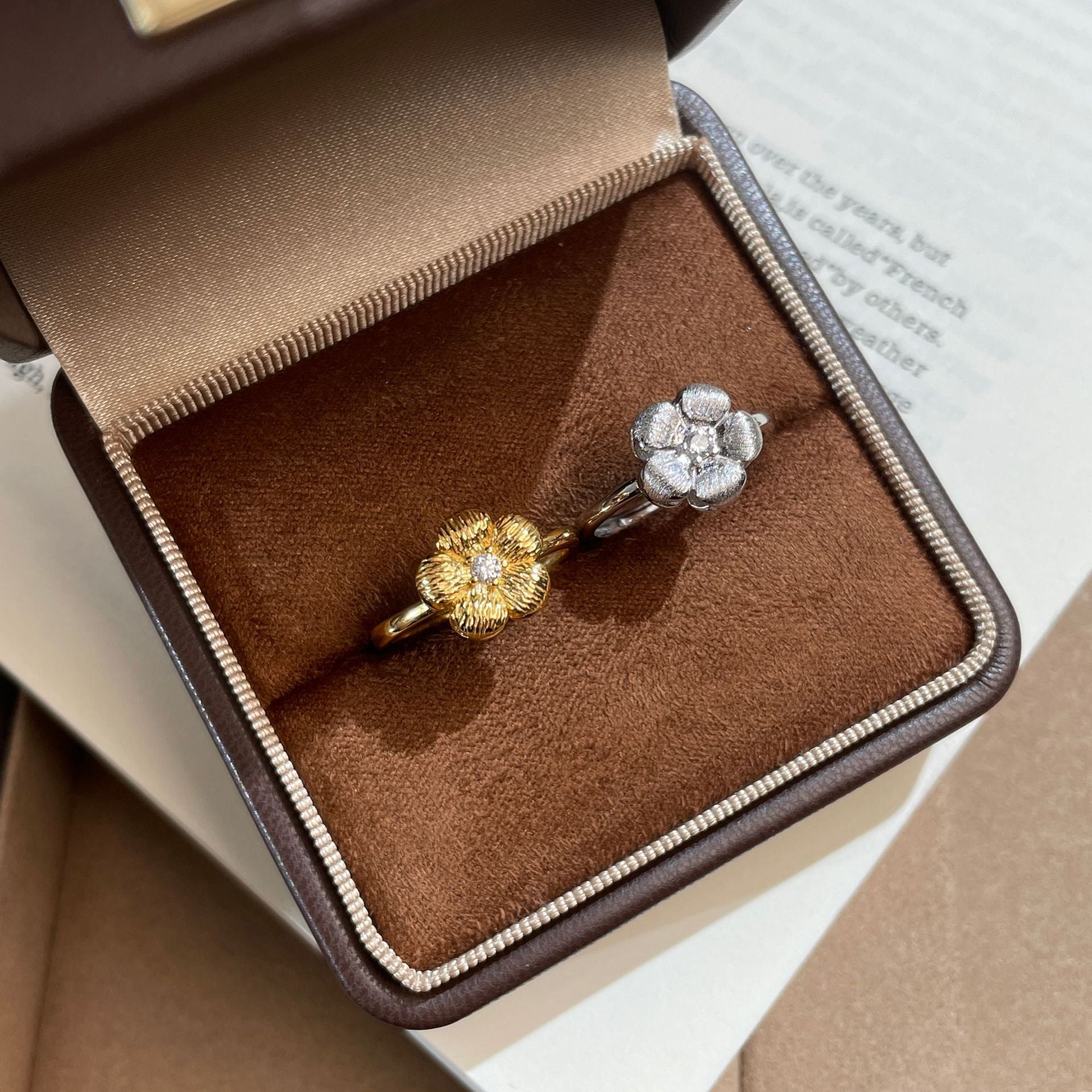 925 Sterling Silver 3D Plum Blossom Brushed Flower Diamond Ring