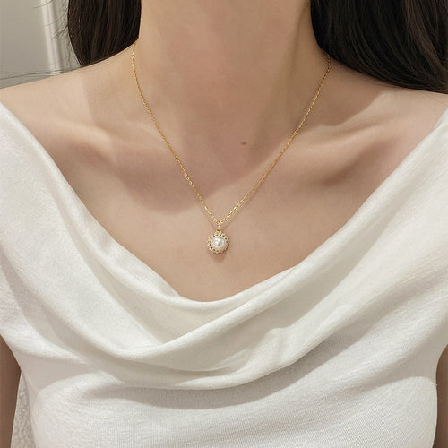 925 silver sunflower imitation pearl sparkling zircon necklace