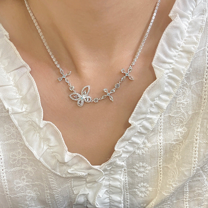 Blue zircon butterfly and flower super sparkly full diamond copper alloy bracelet