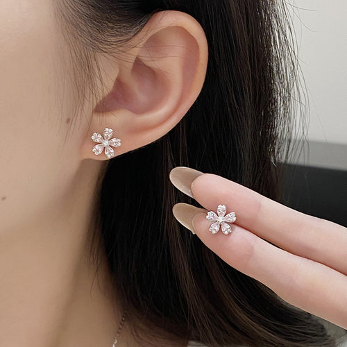 925 Silver Pink Diamond Five-Petal Flower Cherry Blossom Stud Earrings