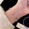 Purple Full Diamond Four Leaf Flower Rose Gold Copper Alloy Bracelet