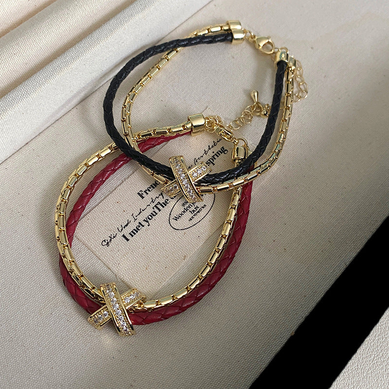 Double-layer leather cord X-letter copper alloy bracelet