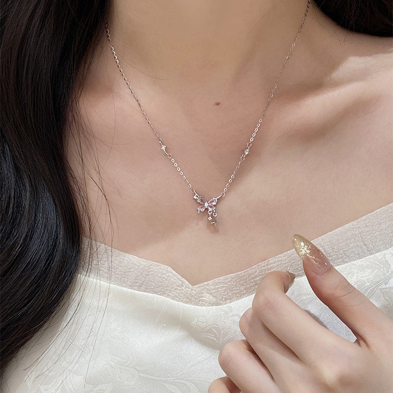 925 Sterling Silver Sweet Butterfly Pink Diamond Star Tassel Necklace
