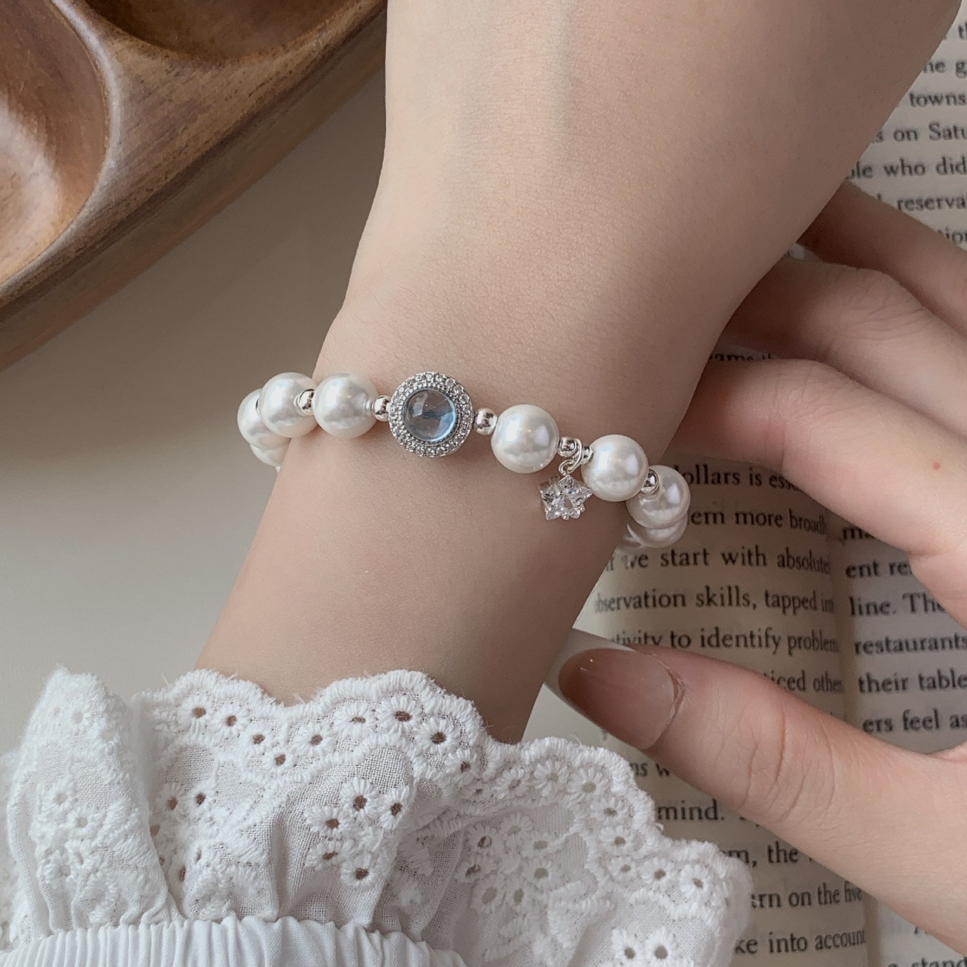 925 Sterling Silver Imitation Pearl Starry Sky Sapphire Handmade Bracelet