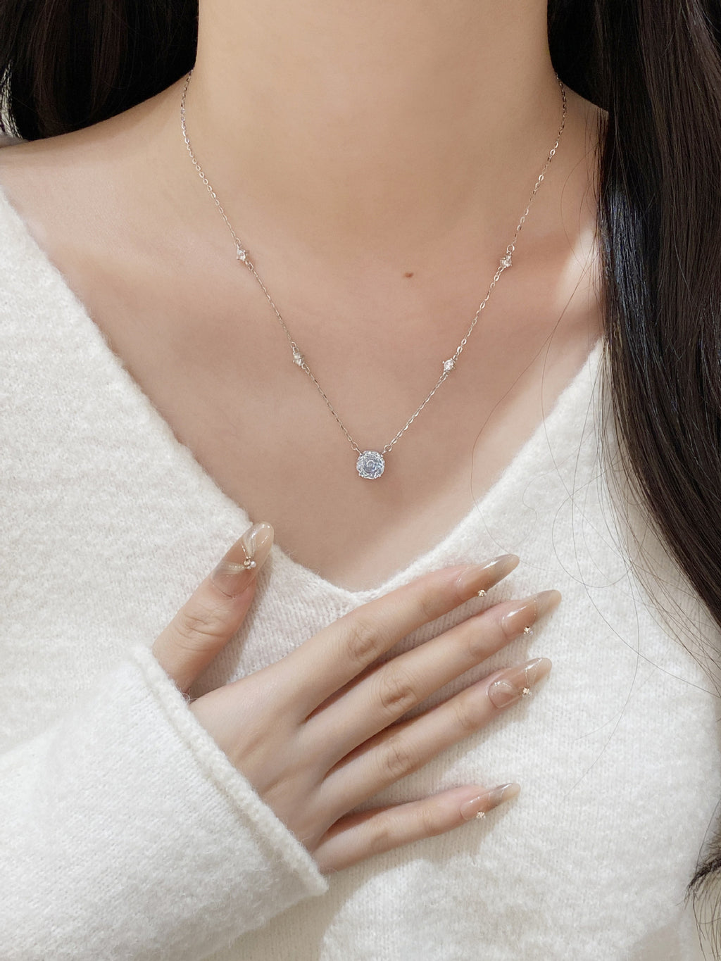 S925 Sterling Silver Super Sparkling Rose Cut Tricolor Necklace