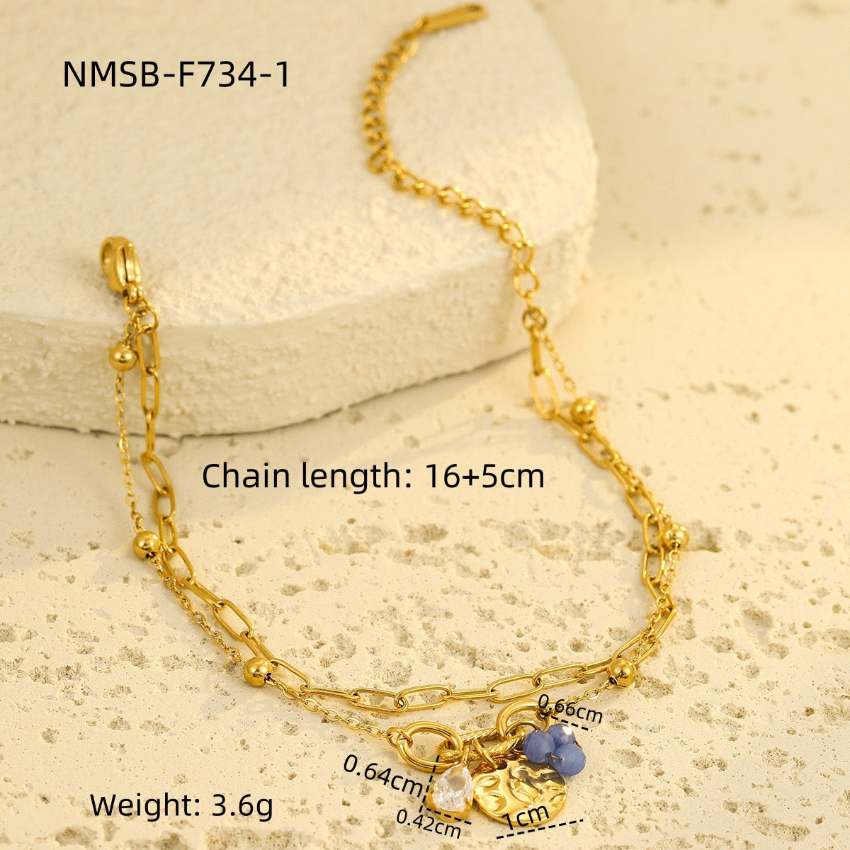 Stainless steel teardrop zircon pearl pendant round bracelet for women
